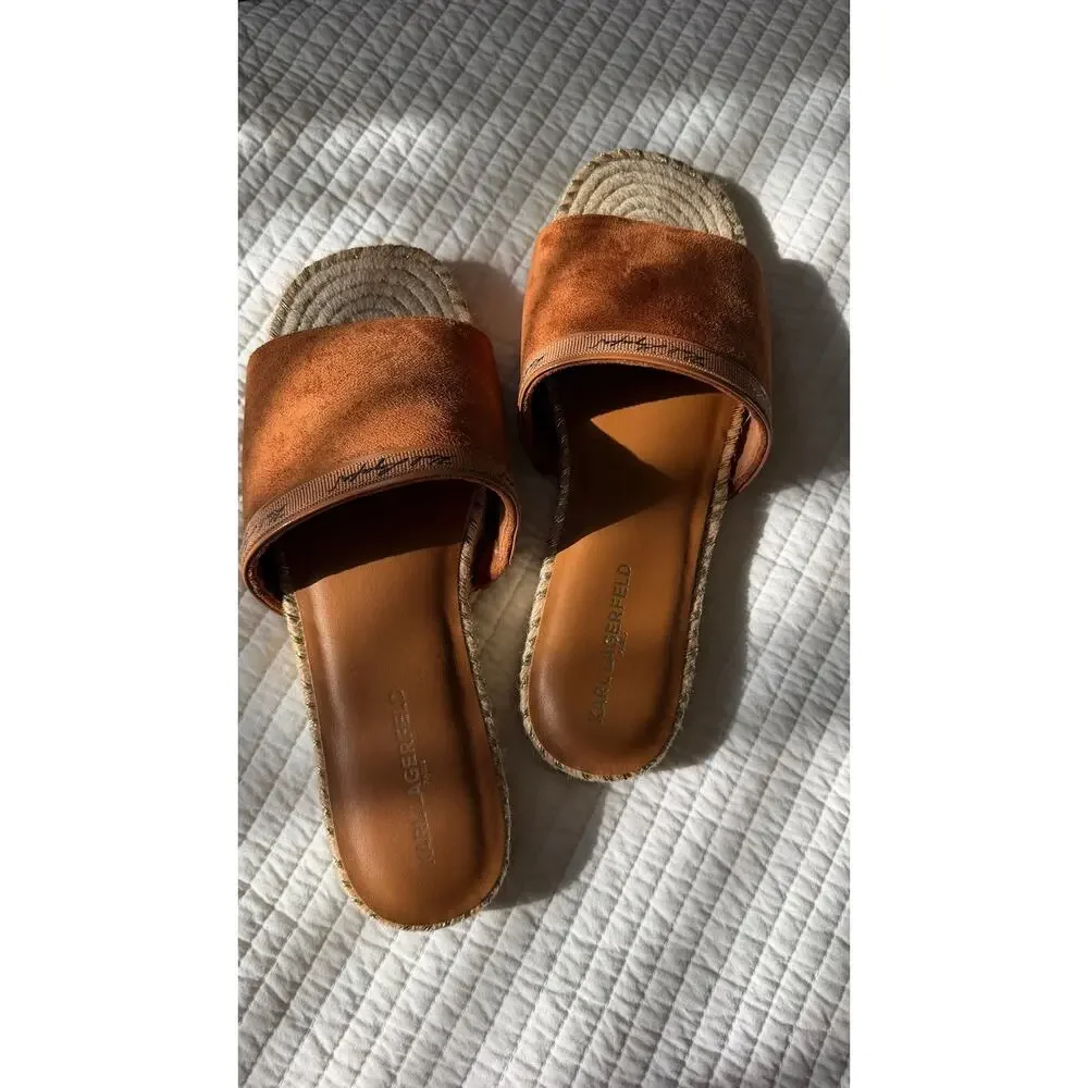 Karl Lagerfeld Paris Espadrille Slide Sandals Brown Logo NEW $119
